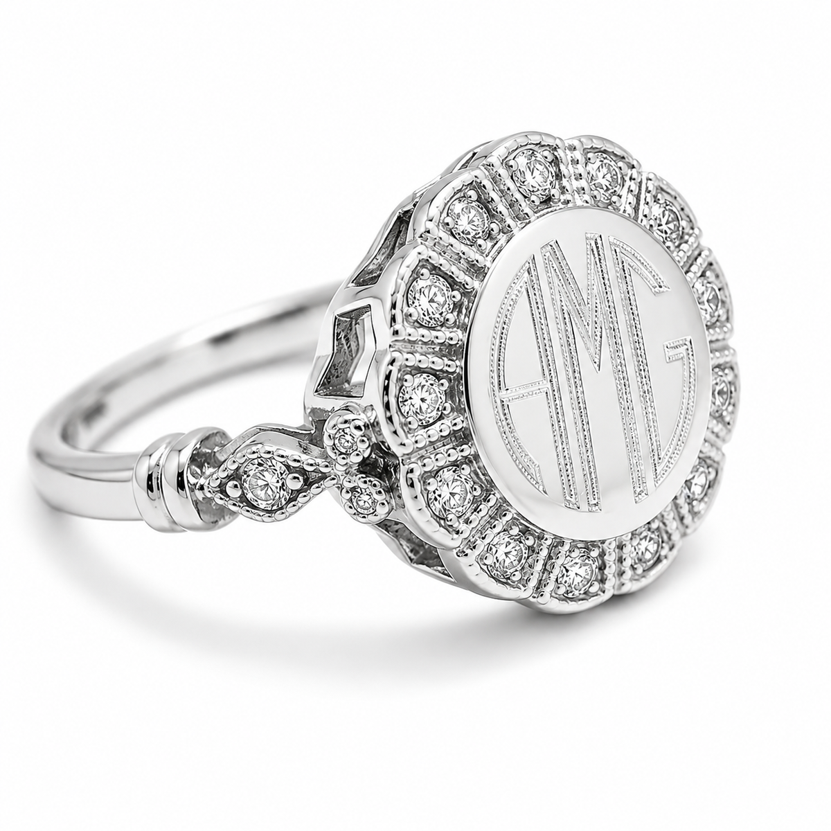 Sterling Silver Engravable Rachel Round Flower CZ Ring