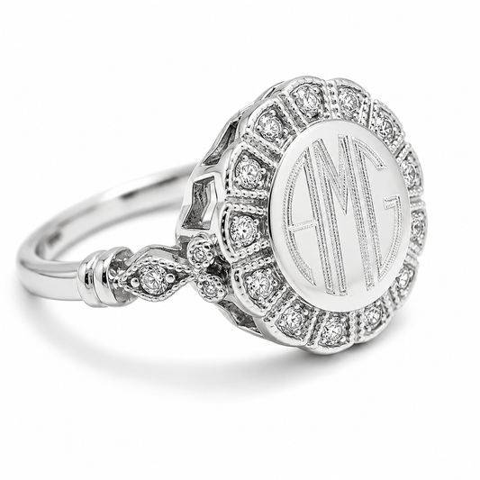 Sterling Silver Engravable Rachel Round Flower CZ Ring