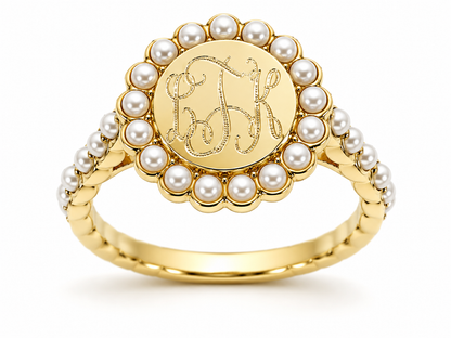 Sterling Silver Engravable Round Ring With Pearls All Around