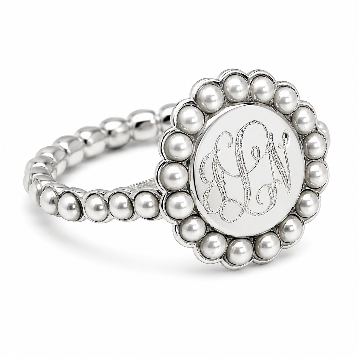 Sterling Silver Engravable Round Ring With Pearls All Around