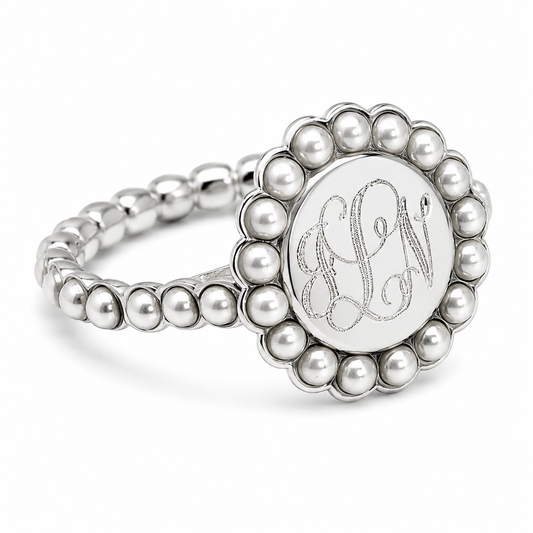 Sterling Silver Engravable Round Ring With Pearls All Around
