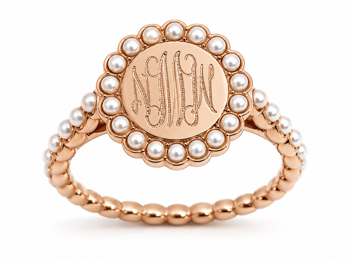 Sterling Silver Engravable Round Ring With Pearls All Around