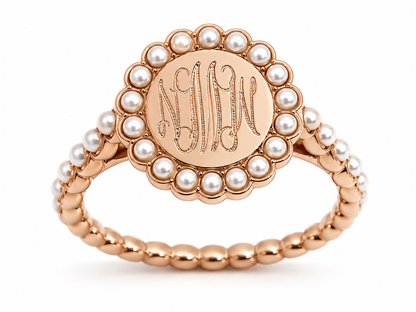 Sterling Silver Engravable Round Ring With Pearls All Around