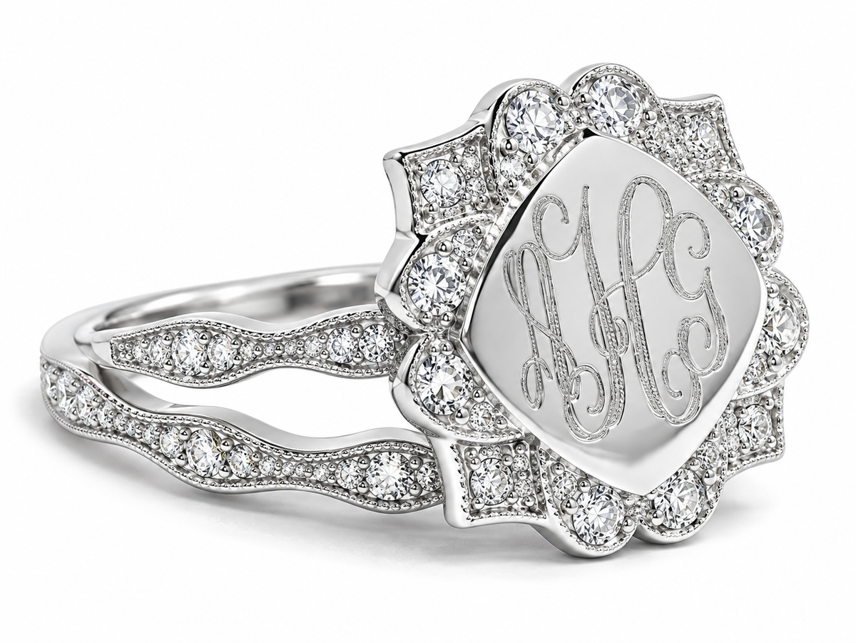 Sterling Silver Double Band Stack Flower Engravable Ring