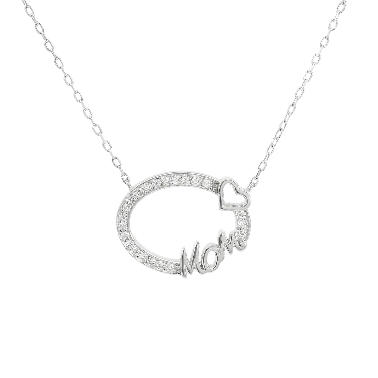Sterling Silver Hollow CZ Oval W/ "MOM" & Heart Necklace