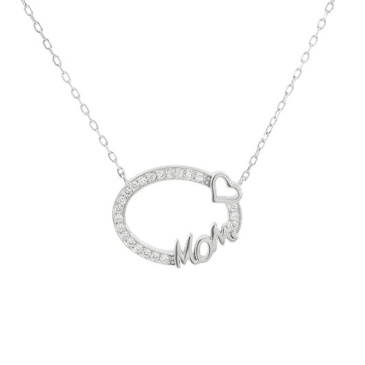 Sterling Silver Hollow CZ Oval W/ "MOM" & Heart Necklace