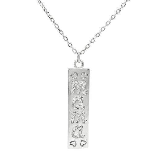 Sterling Silver Rectangle Pendant W/ CZ "MAMA" & Hearts Necklace