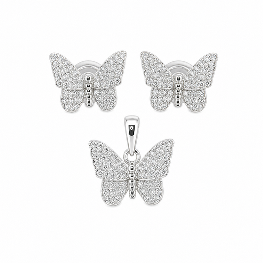 Sterling Silver CZ Butterfly Pendant & Earrings Set