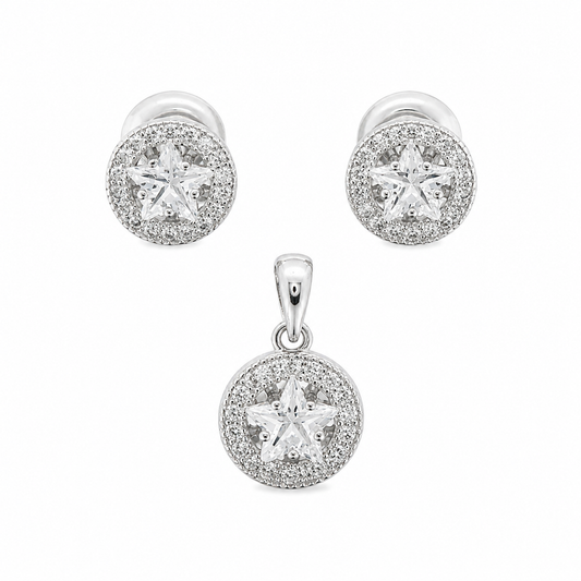 Sterling Silver CZ Star Round Halo Pendant & Earrings Set