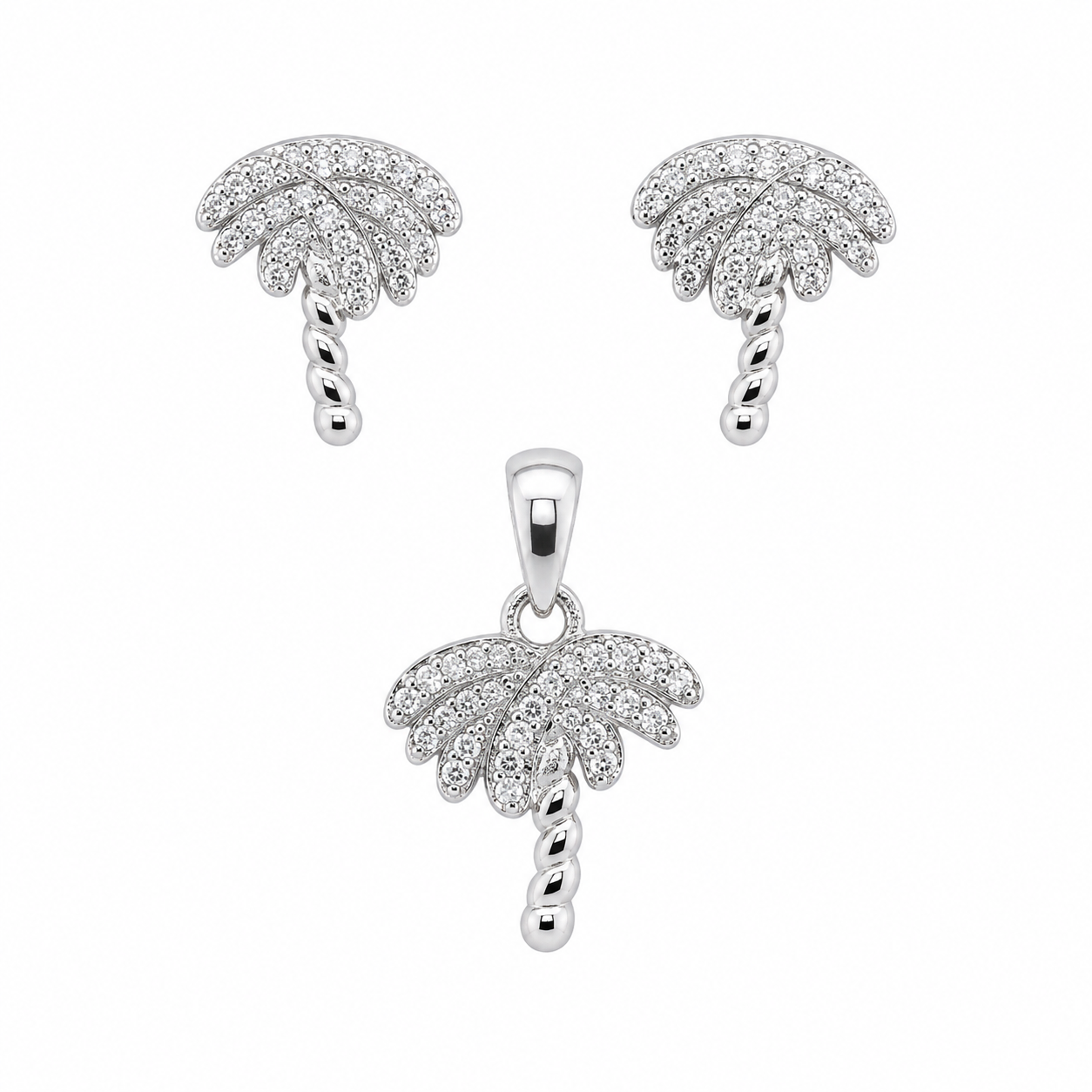 Sterling Silver CZ Palm Tree Pendant & Earrings Set