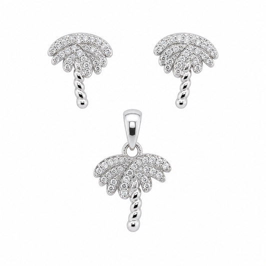 Sterling Silver CZ Palm Tree Pendant & Earrings Set