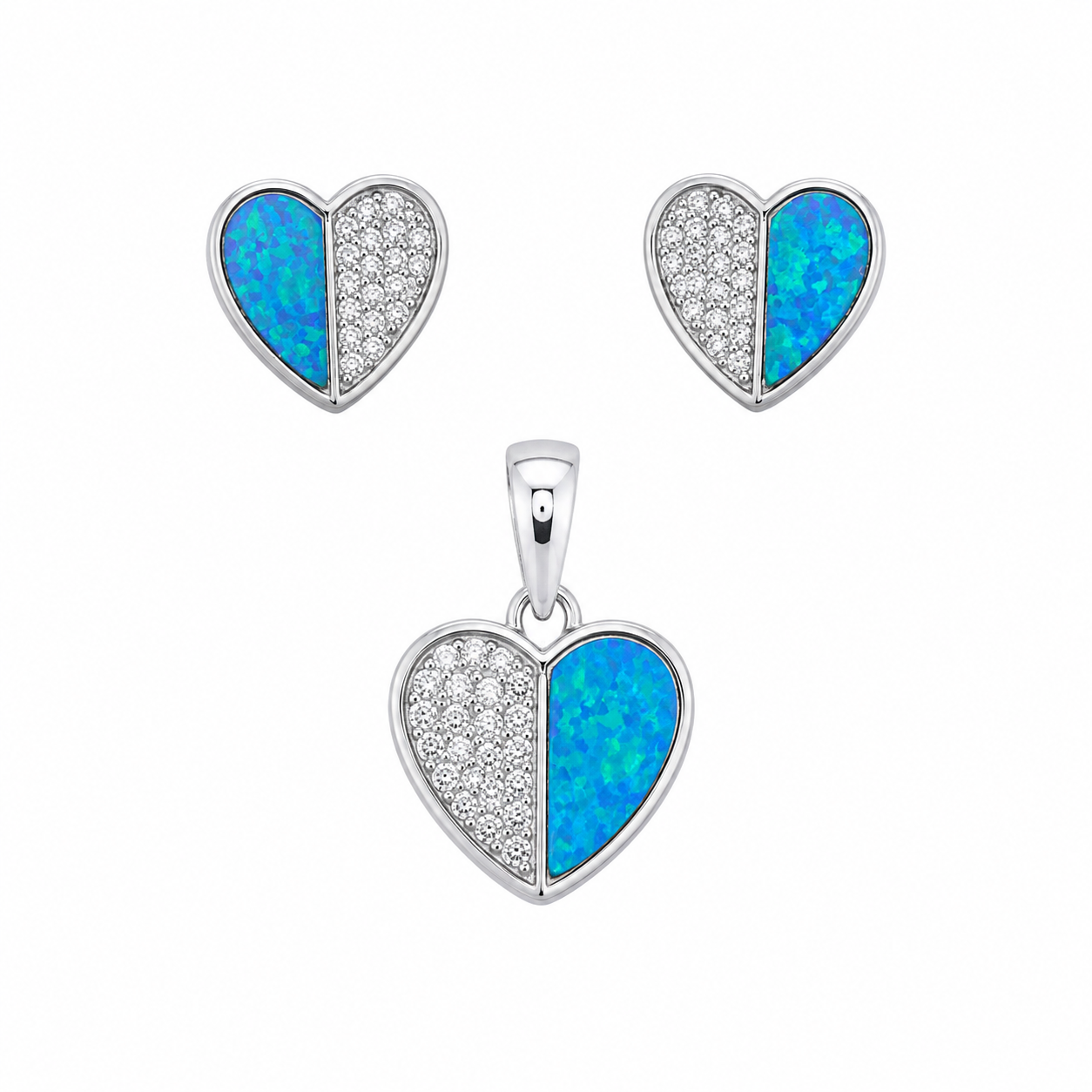 Sterling Silver CZ & Blue Opal Heart Pendant & Earrings Set