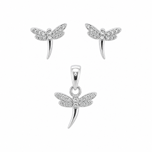 Sterling Silver CZ Dragonfly Pendant & Earrings Set