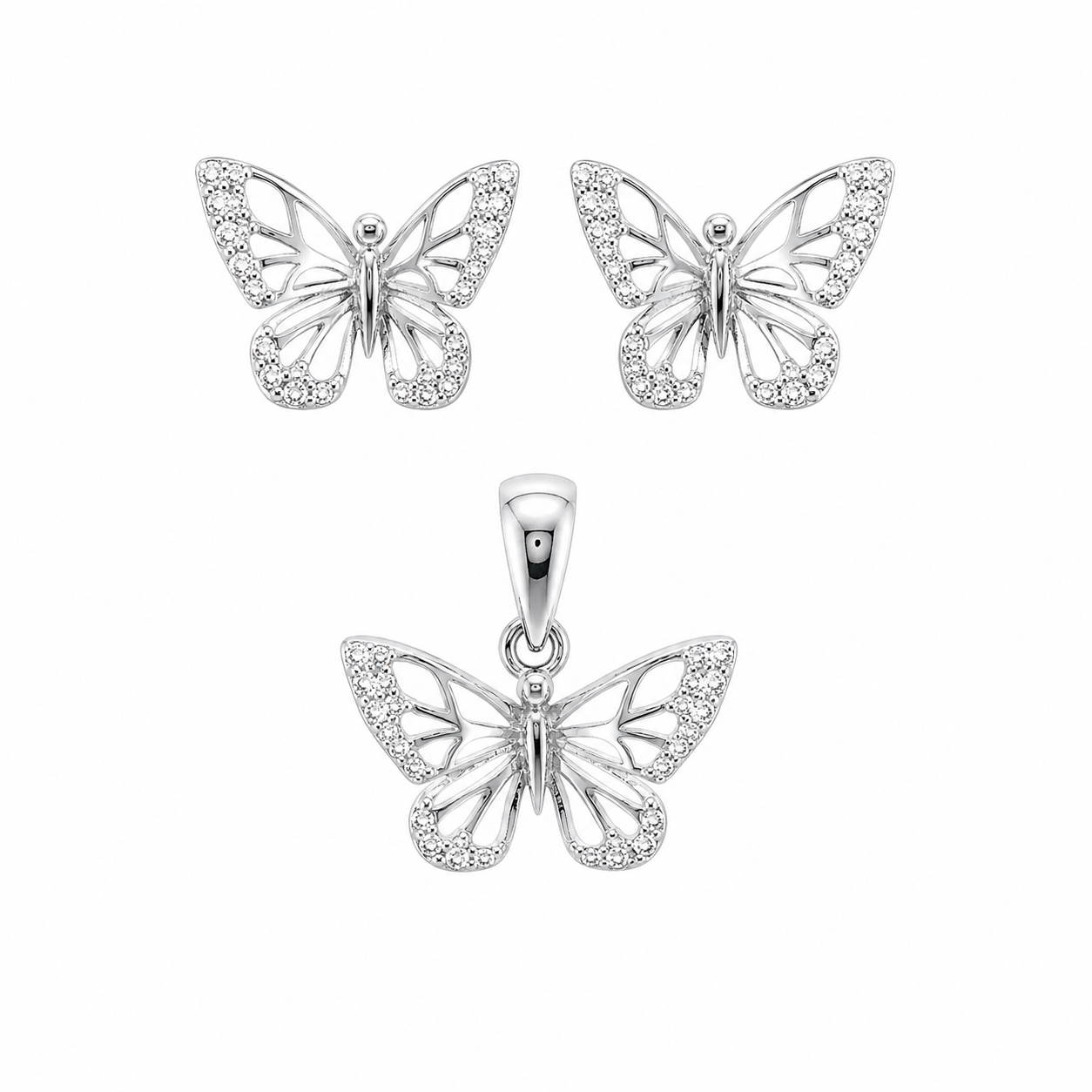Sterling Silver CZ Butterfly Pendant & Earrings Set
