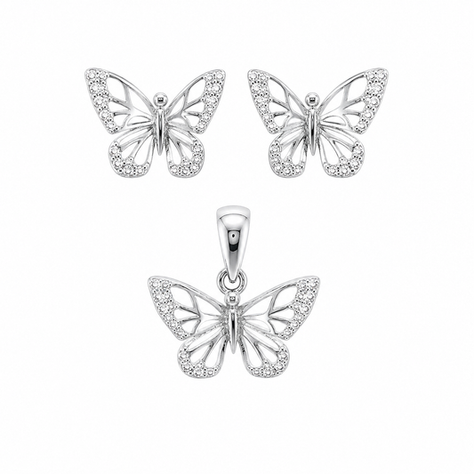 Sterling Silver CZ Butterfly Pendant & Earrings Set