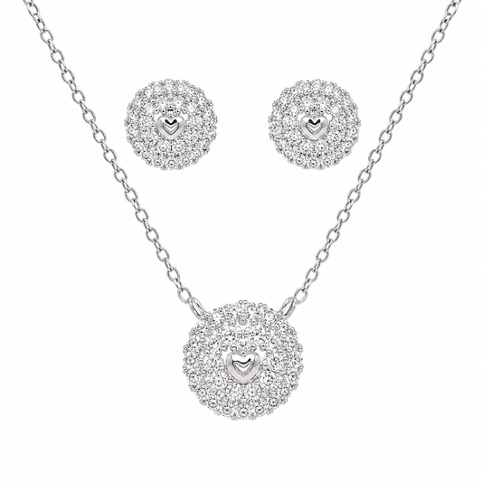 Sterling Silver CZ Heart Halo Necklace & Earrings Set