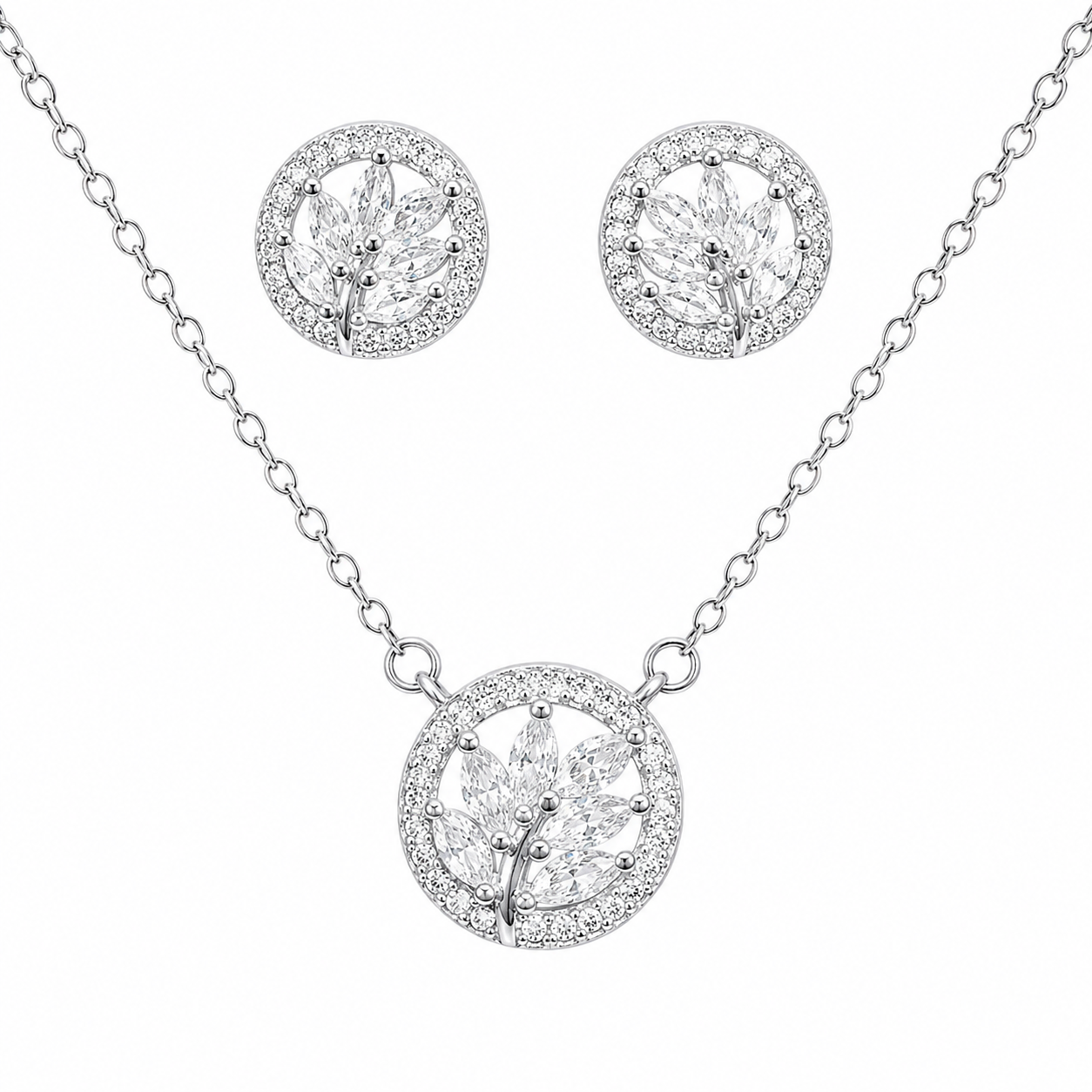 Sterling Silver CZ Leaf & Vine Round Necklace & Earrings Set