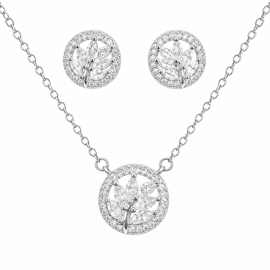 Sterling Silver CZ Leaf & Vine Round Necklace & Earrings Set