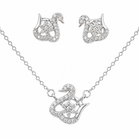 Sterling Silver CZ Swan Flower Necklace & Earrings Set