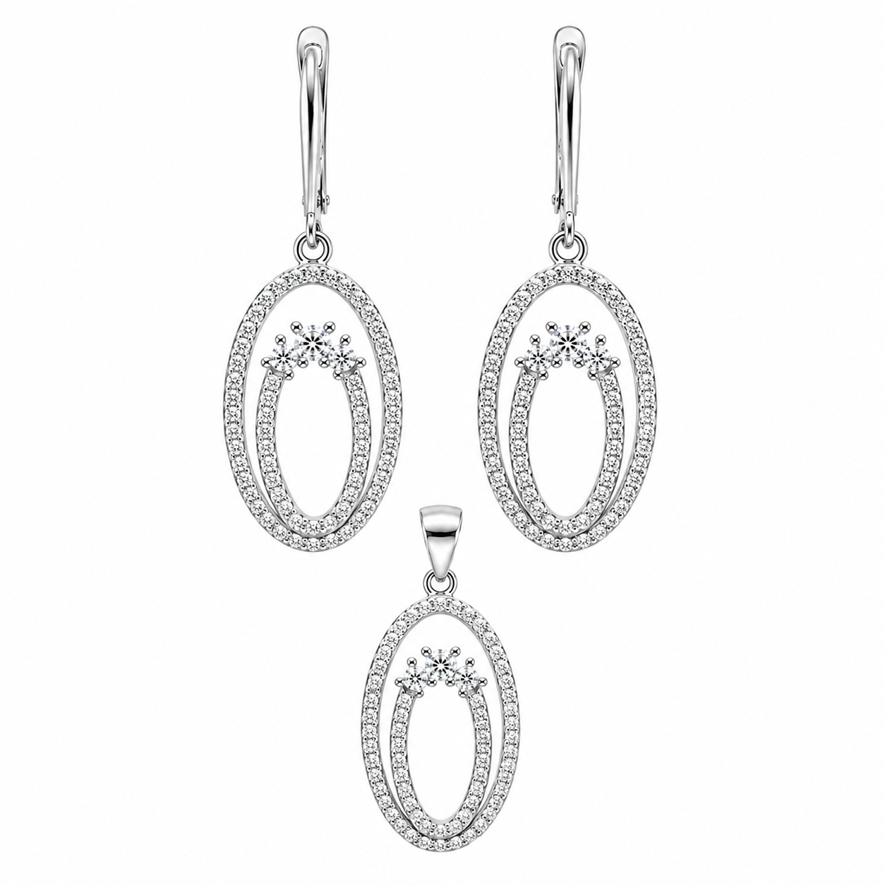 Sterling Silver CZ Double Oval Pendant & Earrings Set