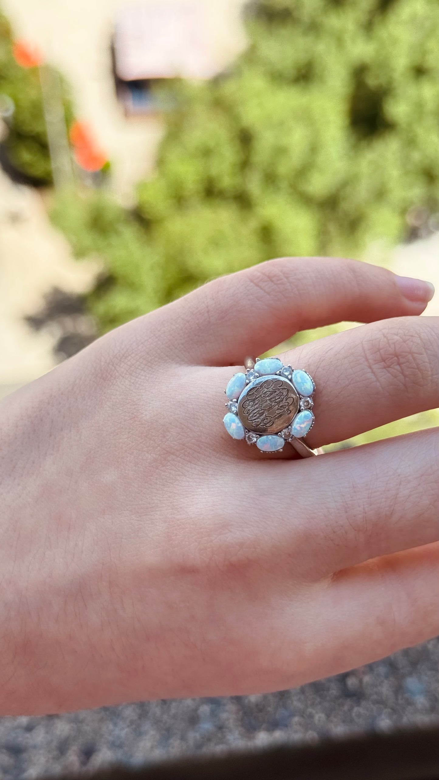 Sterling Silver Opal Engraved Cz ring