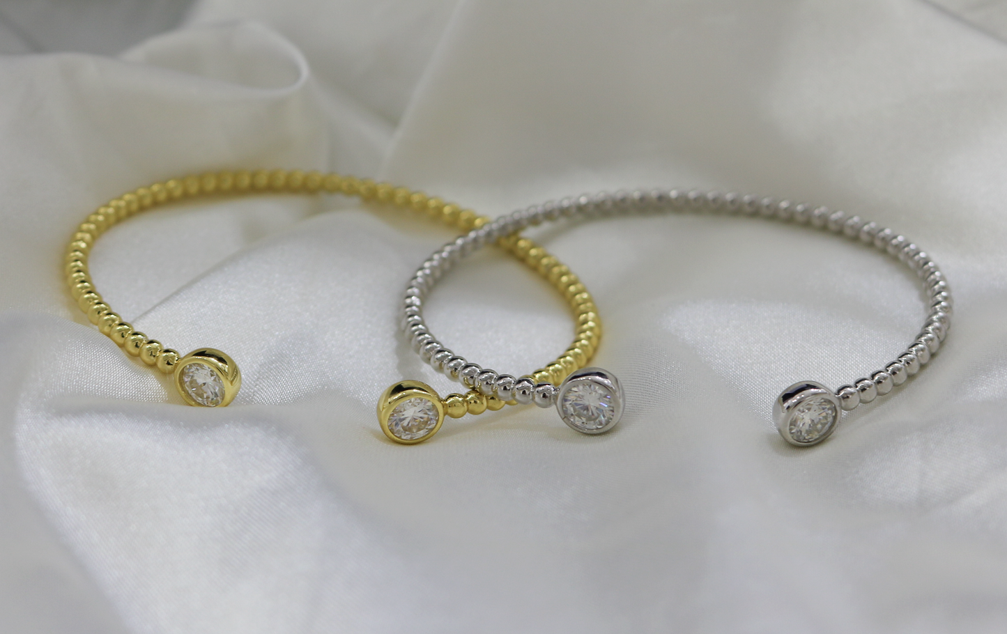 Sterling Silver Moissanite Bubble Beaded Open Cuff Bangle