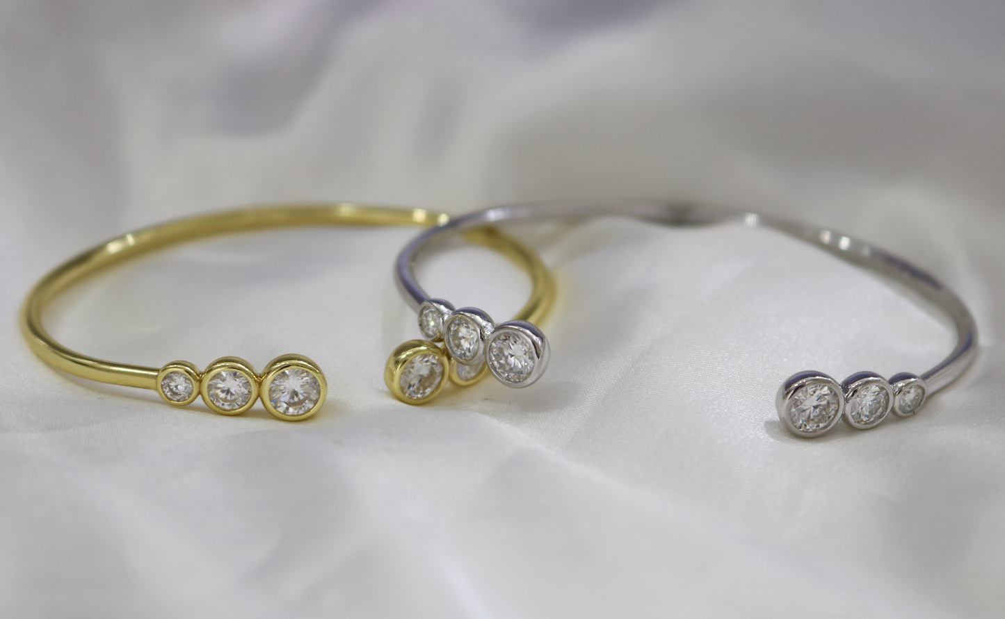 Sterling Silver Moissanite Triple Bubble Open Cuff Bangle