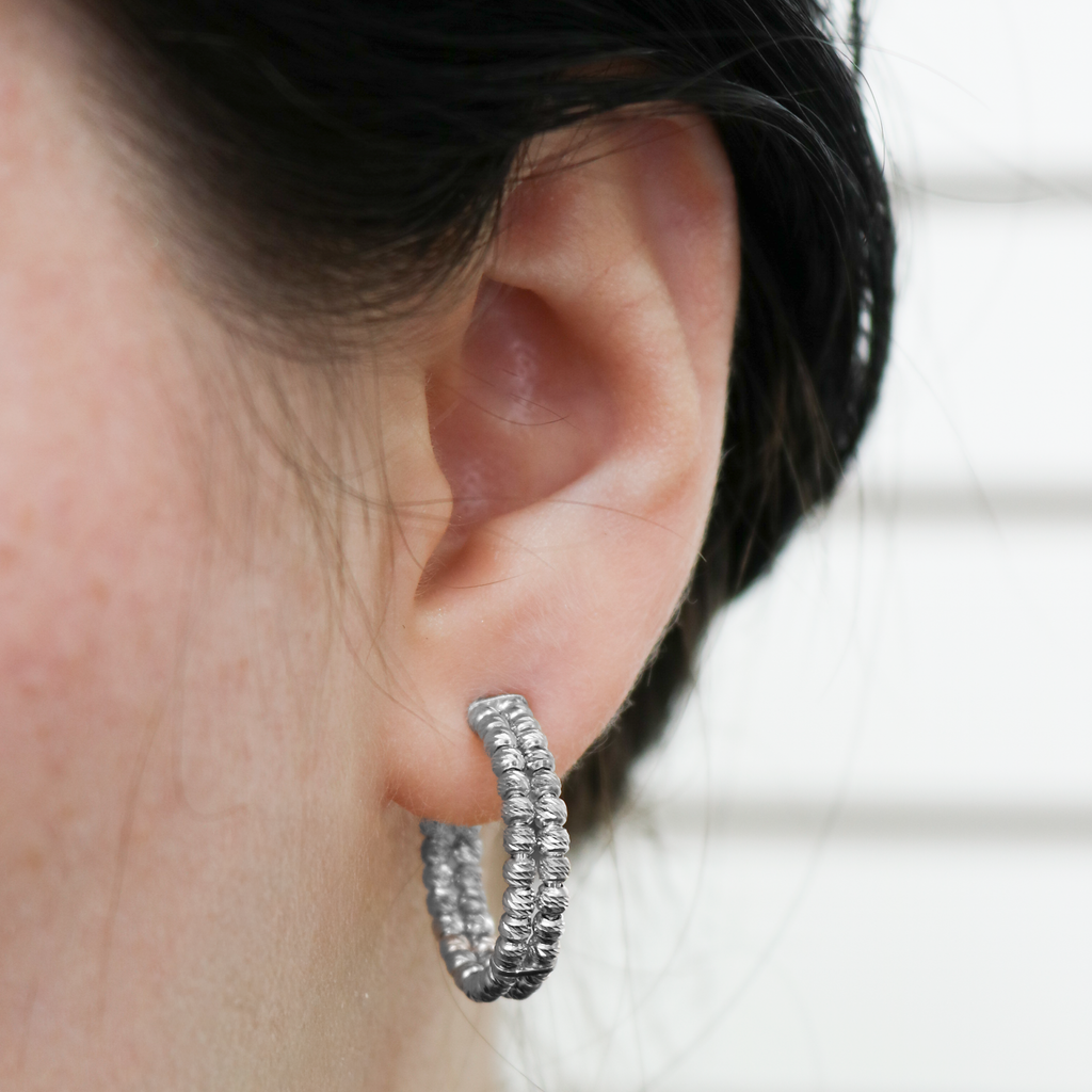 Sterling Silver Round Diamond Cut Bead Double Row Post Hoop Earrings