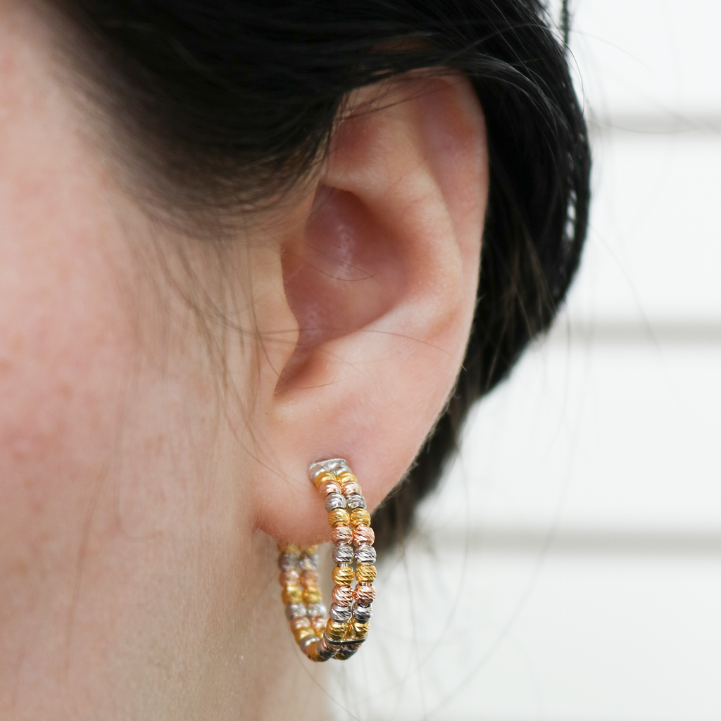 Sterling Silver Round Diamond Cut Bead Double Row Post Hoop Earrings