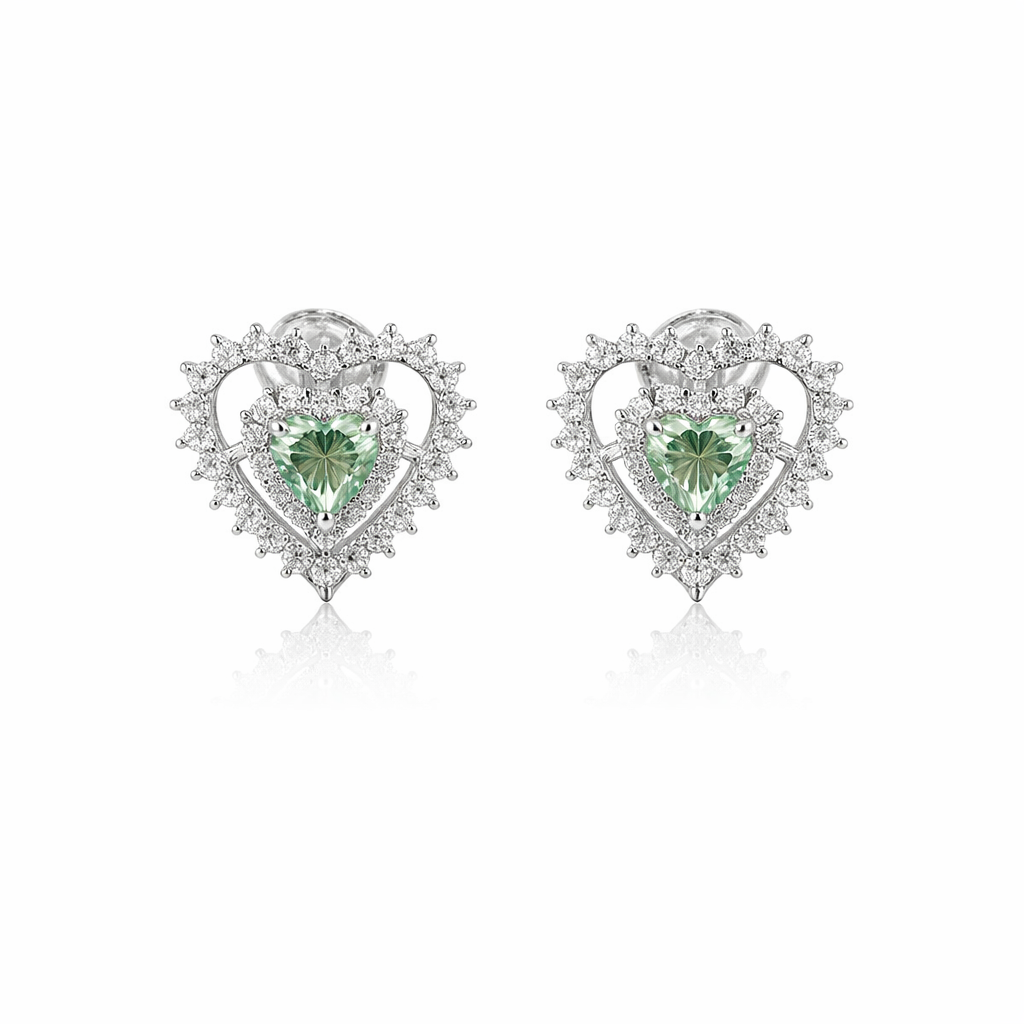 Sterling Silver 2.58 CTW Moissanite Green Stone Clear Halo Heart Earrings