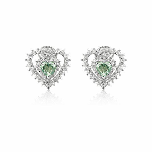 Sterling Silver 2.58 CTW Moissanite Green Stone Clear Halo Heart Earrings