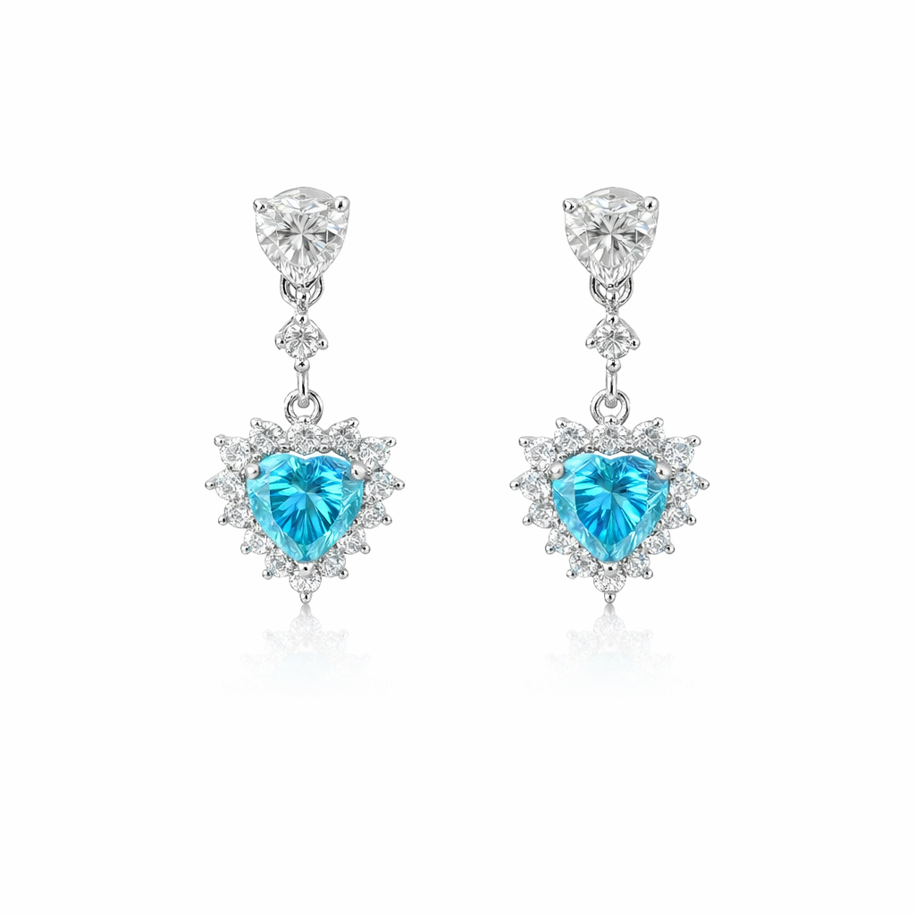 Sterling Silver 5.83 CTW Moissanite Blue / Clear Heart Dangling Post Earrings