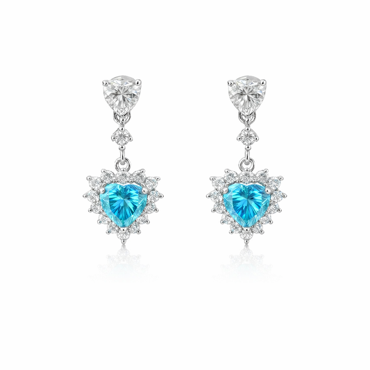 Sterling Silver 5.83 CTW Moissanite Blue / Clear Heart Dangling Post Earrings