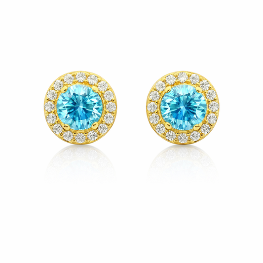 Sterling Silver Gold Plated 3.15 CTW Moissanite Blue / Clear Round Stud Earrings