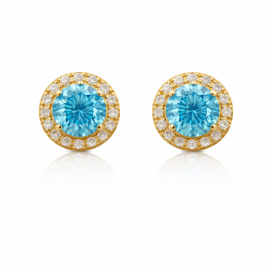 Sterling Silver Gold Plated 3.45 CTW Moissanite Blue/Clear 9.5mm Round Earrings