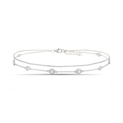 Sterling Silver Diamond Cut Bead & CZ Bezel Station Layered Anklet (9"+1")