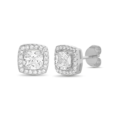 Sterling Silver CZ Princess Cut Halo Stud Earrings