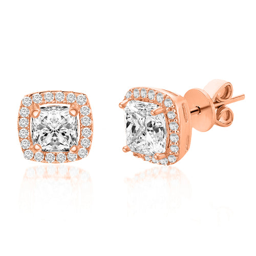 Sterling Silver Rose Gold CZ Asscher Cut Stud Earrings