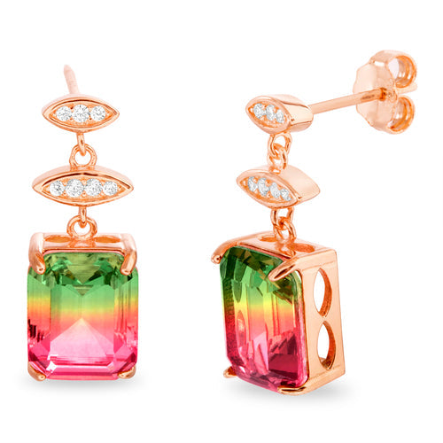 Sterling Silver Rose Gold Green/Red Ombre Rectangle CZ Dangling Earrings