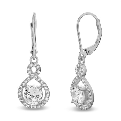 Sterling Silver Round CZ Teardrop Halo Dangling Lever Back Earrings