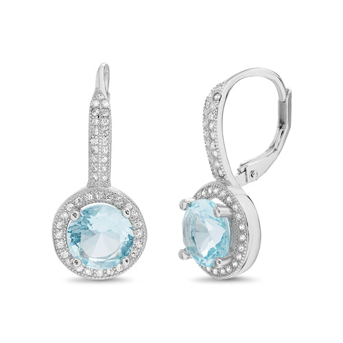 Sterling Silver Light Blue CZ Clear Halo Dangling Huggie Lever Back Earrings