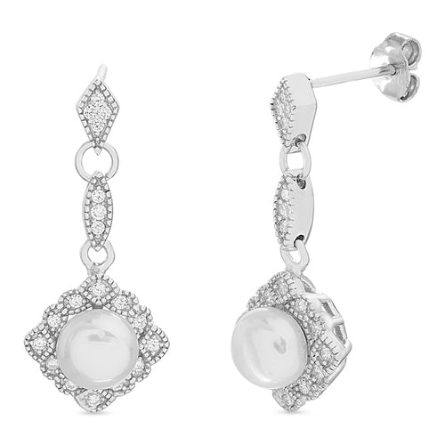 Sterling Silver Pearl W/ CZ Diamond Shape Halo Dangling Earrings