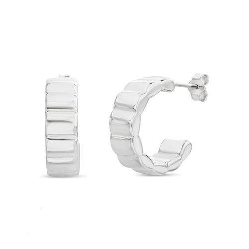 Sterling Silver Rhodium Textured Small Open Huggie Hoop Earrings