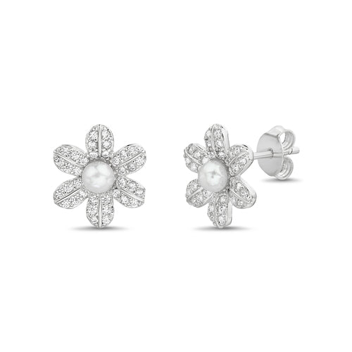 Sterling Silver CZ Flower And Pearl Earrings