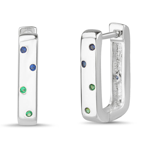 Sterling Silver Rhodium Multicolor CZ U-Shape Huggie Earrings