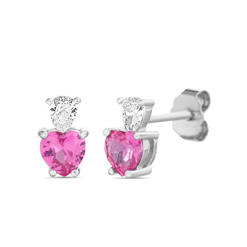 Sterling Silver Pink CZ Heart Stud Earrings