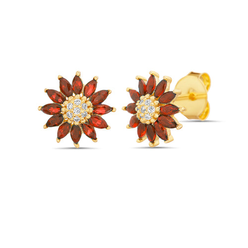 Sterling Silver Gold Plated Red CZ Flower Stud Earrings