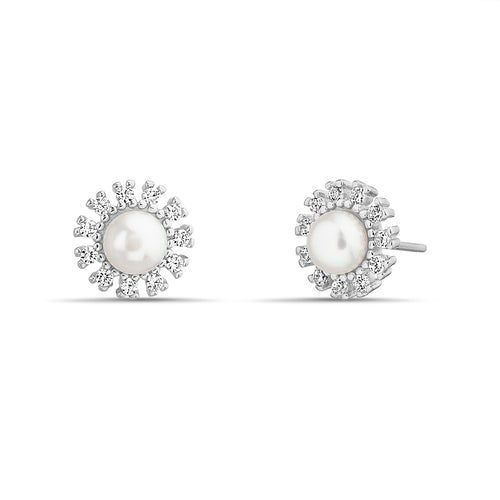 Sterling Silver Sterling Silver CZ Pearl Flower Stud Earrings