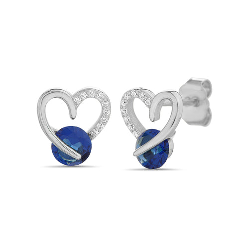 Sterling Silver Open Heart CZ Sapphire Stud Earrings