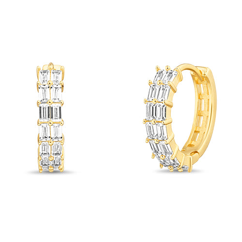 Sterling Silver Gold Plated Baguette CZ Huggie Hoop Earrings